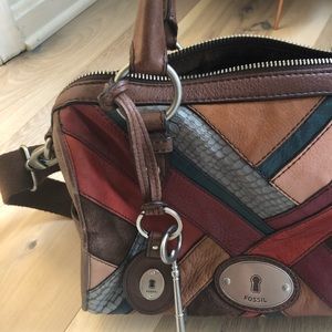 Real leather woven multi color fossil bowler bag
